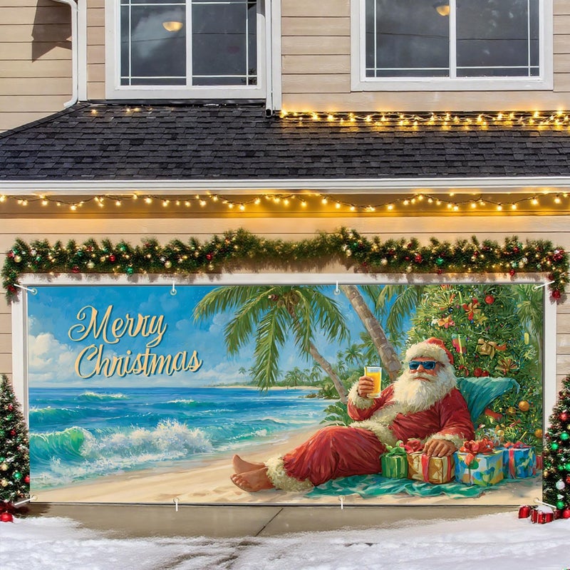 THISFIND Beach-Themed Merry Christmas Garage Door Banner – Tropical Santa Claus with Palm Trees & Gifts – Fun Holiday Outdoor Decor - Image 1